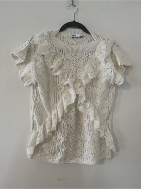 Zara Ivory White Pointelle Knit Lace Ruffle Top Large Romantic Coquette Dainty